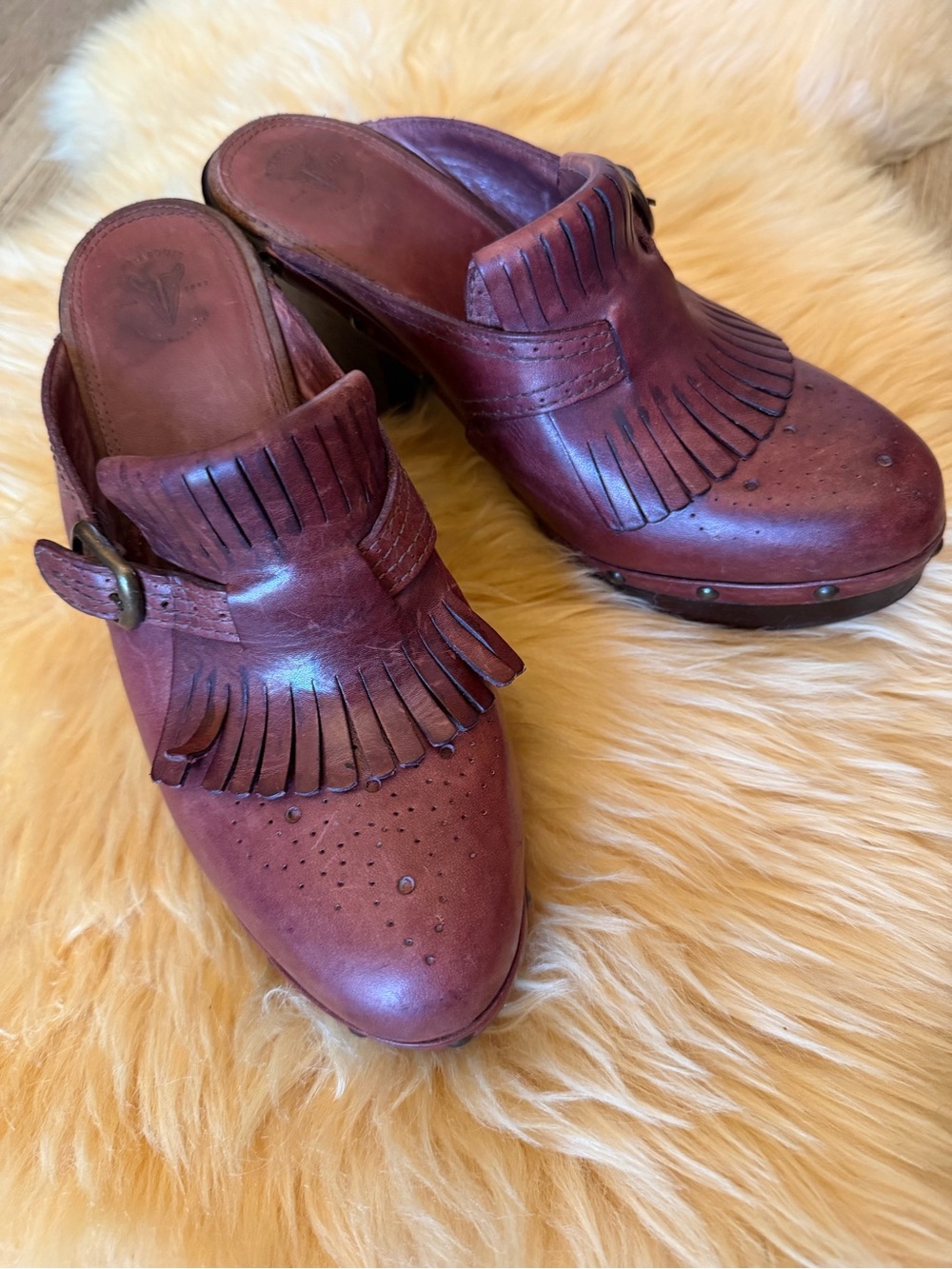 Frye Women’s Burgundy Leather Fringe Clog Mules
